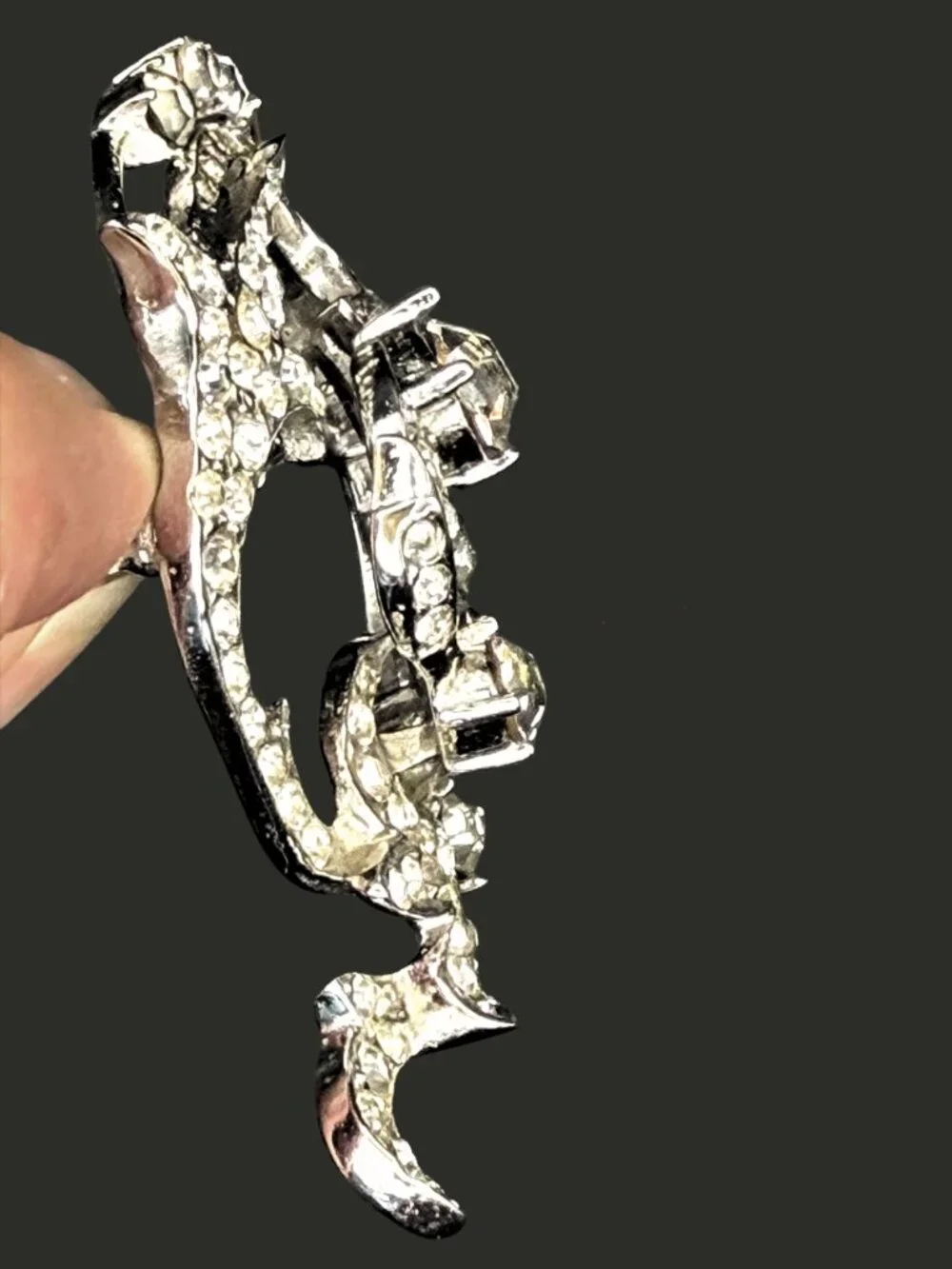 Vintage Crystal Rhinestone Brooch Pin Silver Tone Statement Swirl Jewelry